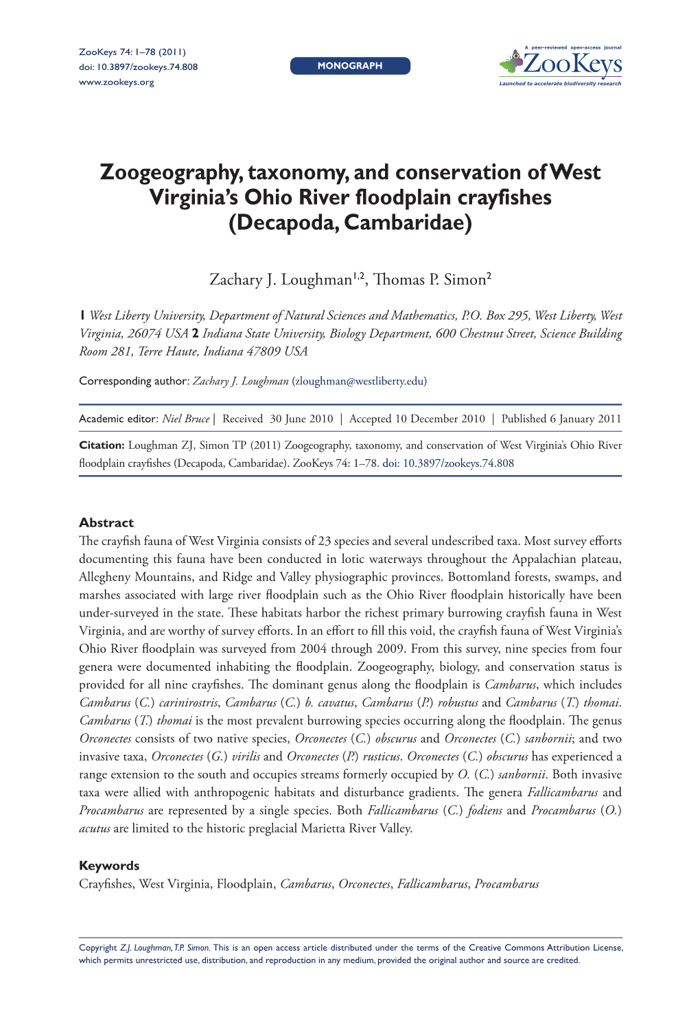 Zoogeography, Taxonomy, and Conservation of West Virginia’S Ohio River Floodplain Crayfishes (Decapoda, Cambaridae)