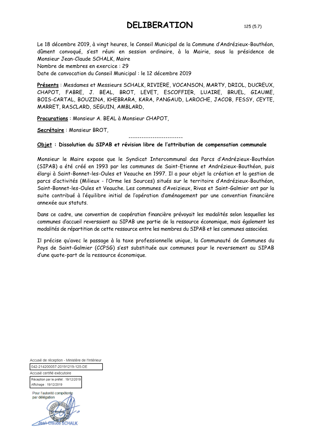 L'an DEUX MILLE NEUF, Le Vingt Trois Décembre, À Vingt Heures, Le Conseil Municipal De La Commune D'andrezieux-BOUTHEON