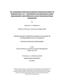 The Dungeness Crab (Metacarcinus Magister) Fishery in Burrard Inlet, B.C.: Constraints on Abundance-Based Management and Improved Access for Recreational Harvesters