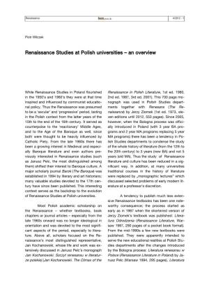 Renaissance Studies at Polish Universities – an Overview
