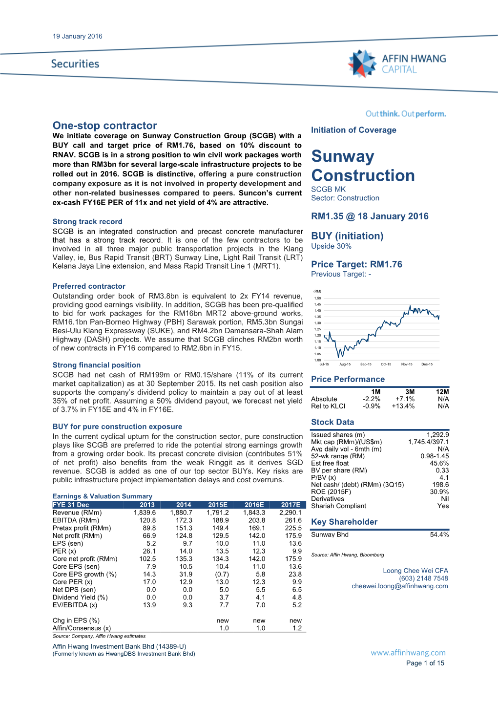 Sunway Construction Group (SCGB) with a BUY Call and Target Price of RM1.76, Based on 10% Discount to RNAV