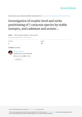 Investigation of Trophic Level and Niche Partitioning of 7 Cetacean Species by Stable Isotopes, and Cadmium and Arsenic Tissue C