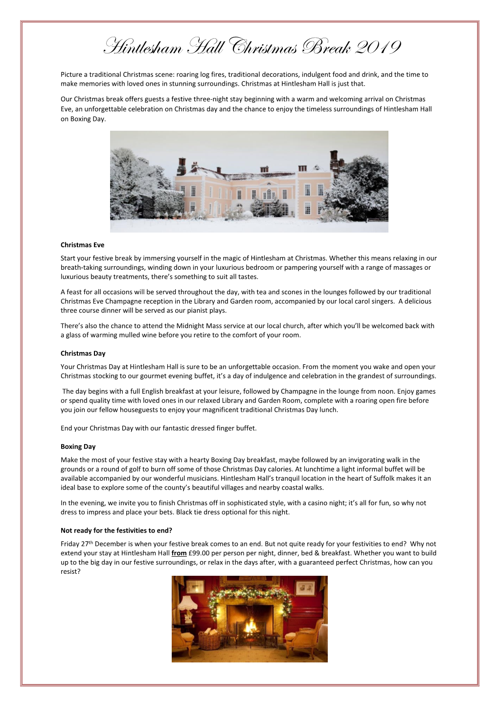 Hintlesham Hall Christmas Break 2019