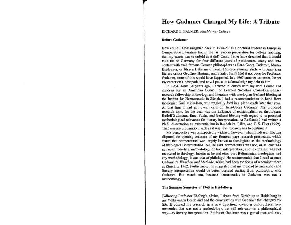 How Gadamer Changed My Life: a Tribute