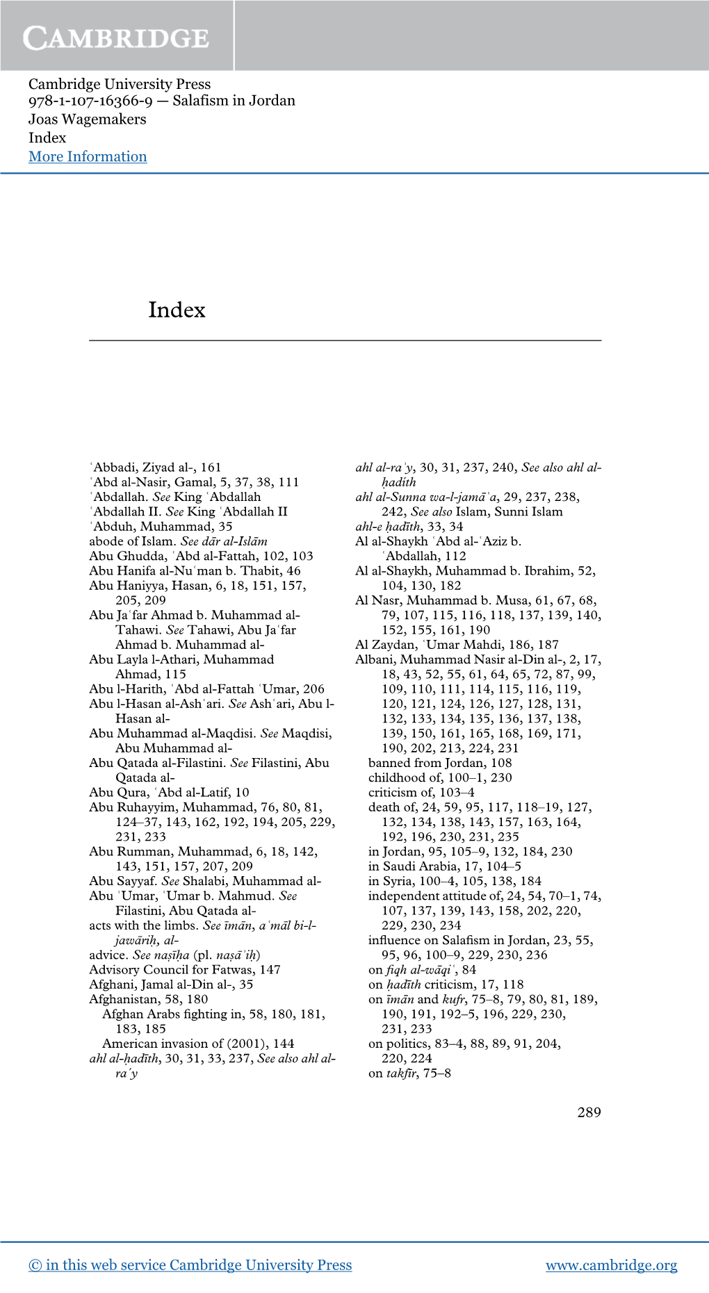 Cambridge University Press 978-1-107-16366-9 — Salafism in Jordan Joas Wagemakers Index More Information