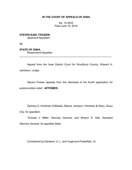 IN the COURT of APPEALS of IOWA No. 15-0533 Filed June 15