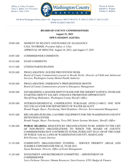BOARD of COUNTY COMMISSIONERS August 31, 2021 OPEN SESSION AGENDA