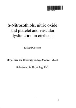 S-Nitrosothiols, Nitric Oxide and Platelet and Vascular Dysfunction in Cirrhosis