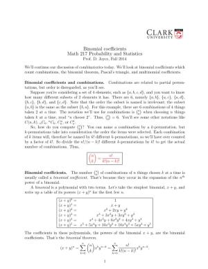 Binomial Coefficients Math 217 Probability and Statistics