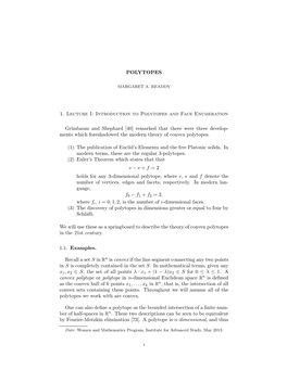 1. Lecture I: Introduction to Polytopes and Face Enumeration