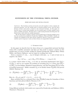 EXTENSIONS of the UNIVERSAL THETA DIVISOR 1. Introduction in This Paper We Describe How the Theta Divisor of a Compactified Univ