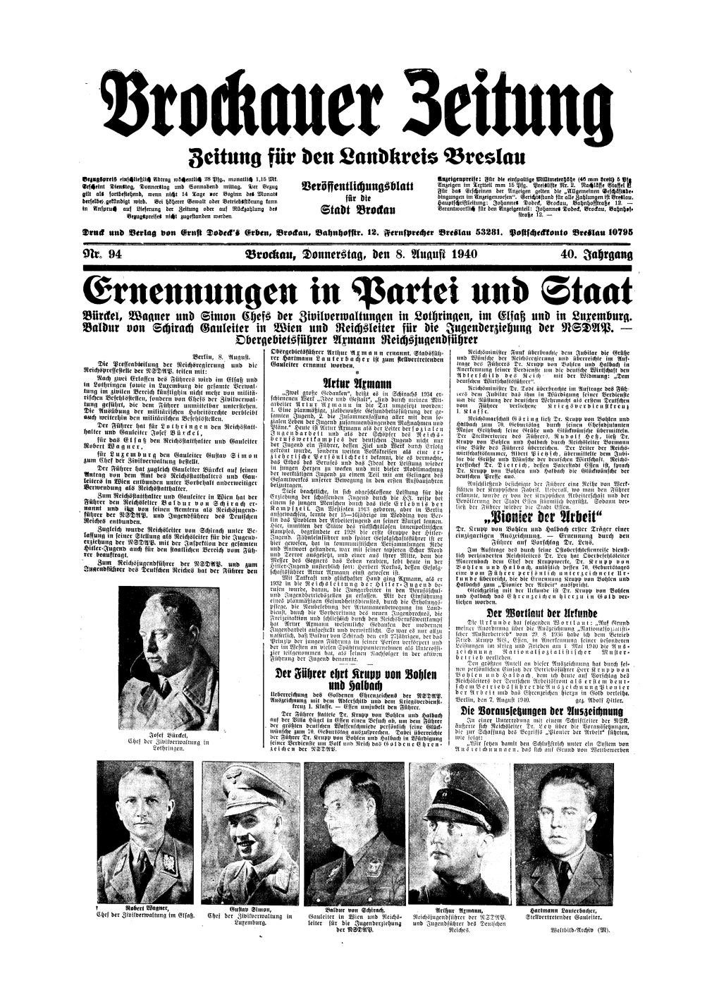 Brockauer Zeitung. Zeitung Für Den Landkreis Breslau 1940 Jg. 40