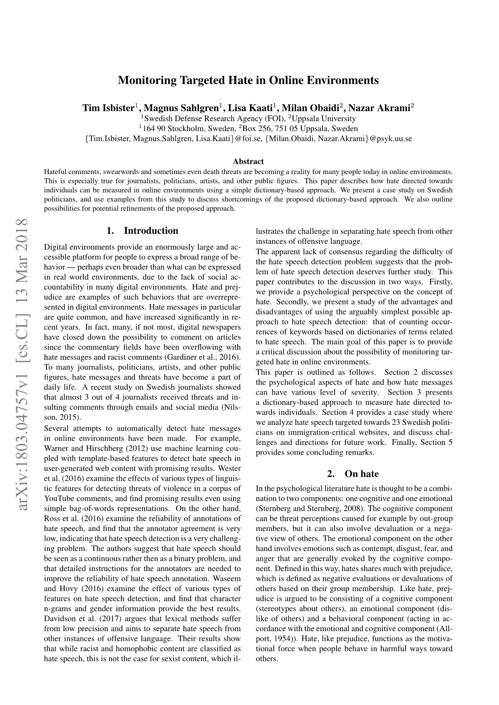 Monitoring Targeted Hate in Online Environments