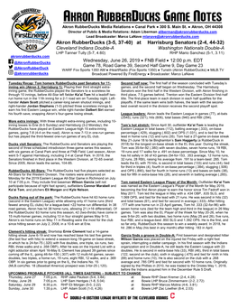 AKRON RUBBERDUCKS GAME NOTES Akron Rubberducks Media Relations ● Canal Park ● 300 S