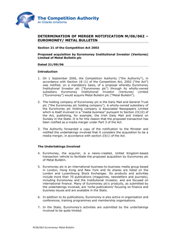Determination of Merger Notification M/06/062 – Euromoney/ Metal Bulletin