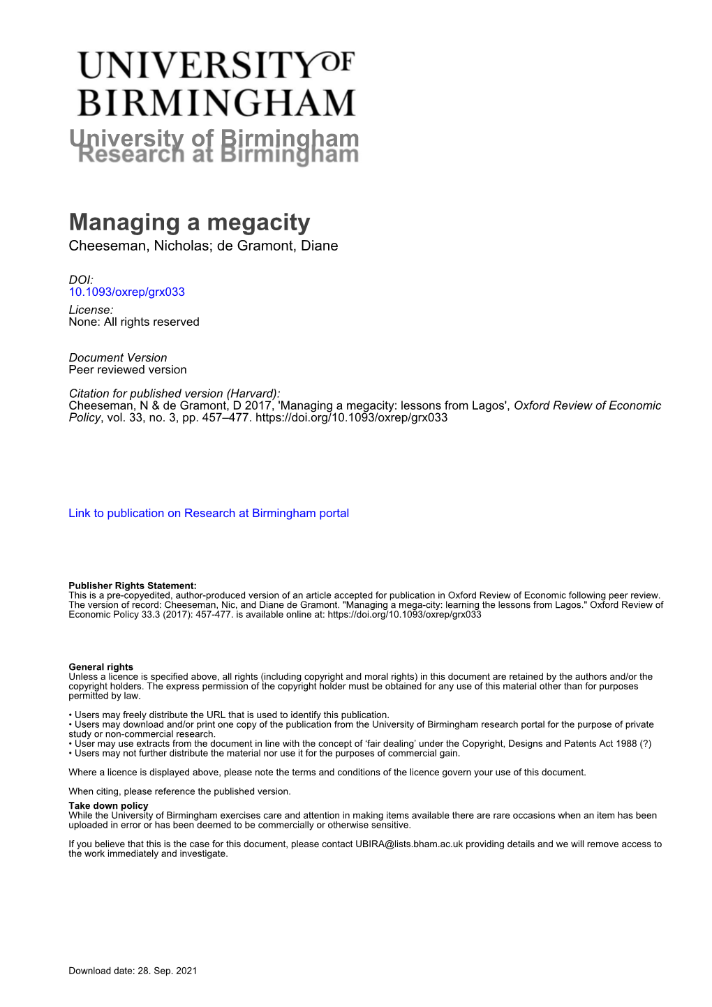 University of Birmingham Managing a Megacity