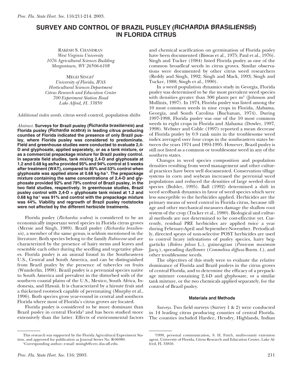 Survey and Control of Brazil Pusley (Richardia Brasiliensis) in Florida Citrus