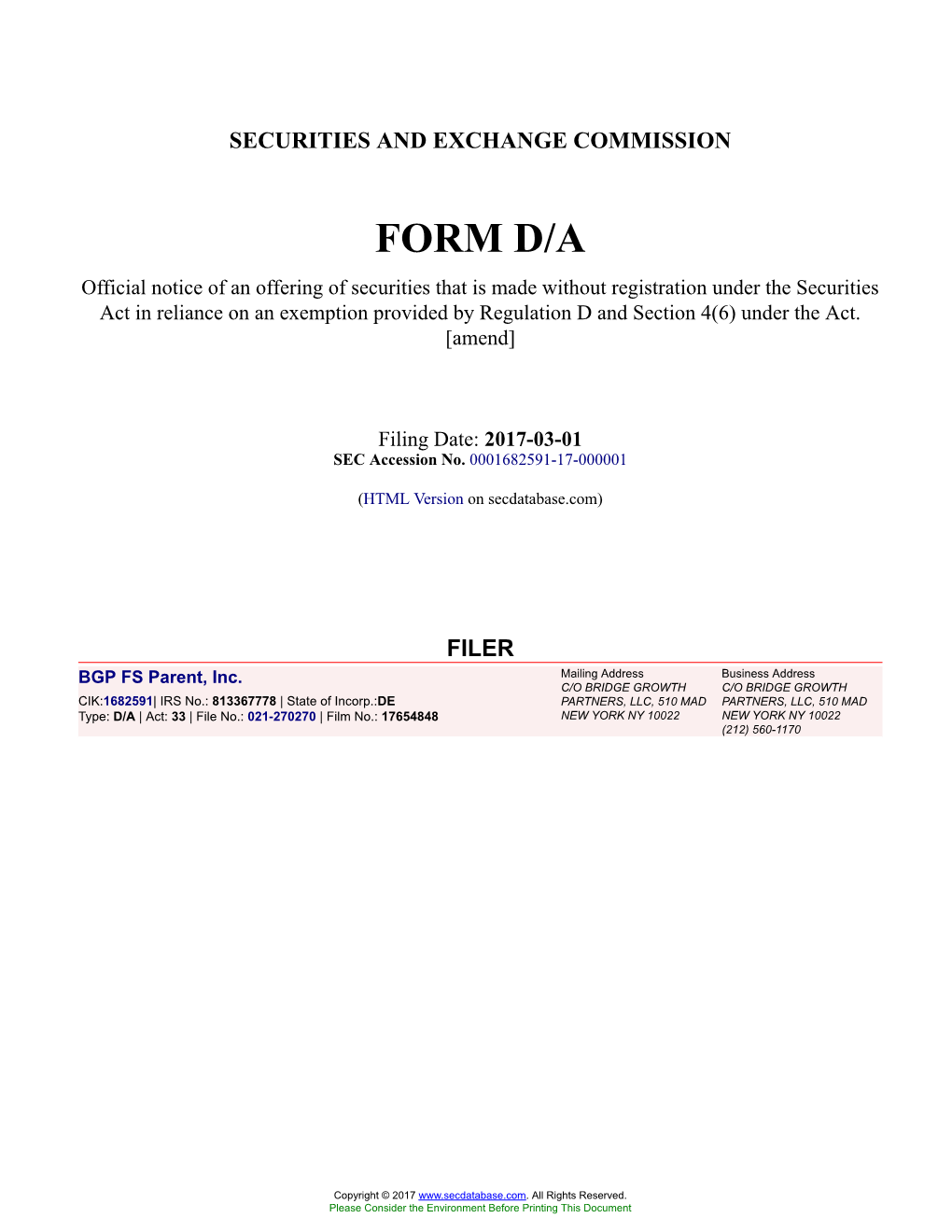 BGP FS Parent, Inc. Form D/A Filed 2017-03-01