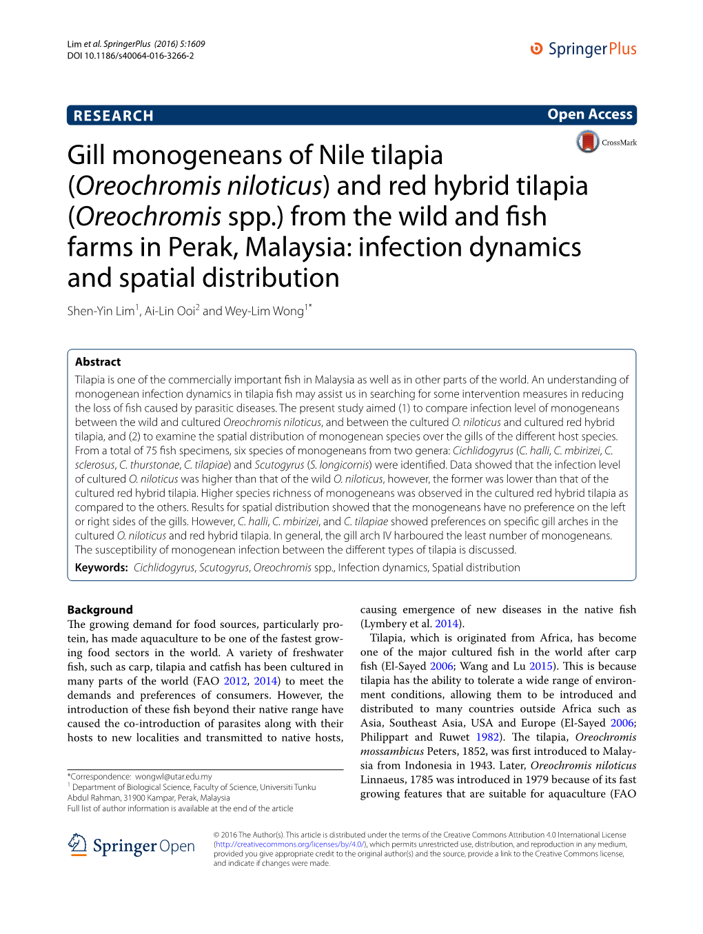 Gill Monogeneans of Nile Tilapia (Oreochromis Niloticus) and Red