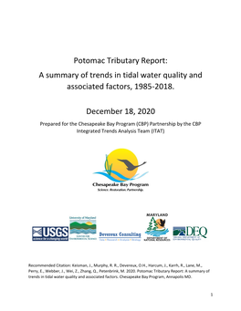 Potomac Tributary Report: a Summary of Trends in Tidal Water Quality and Associated Factors, 1985-2018