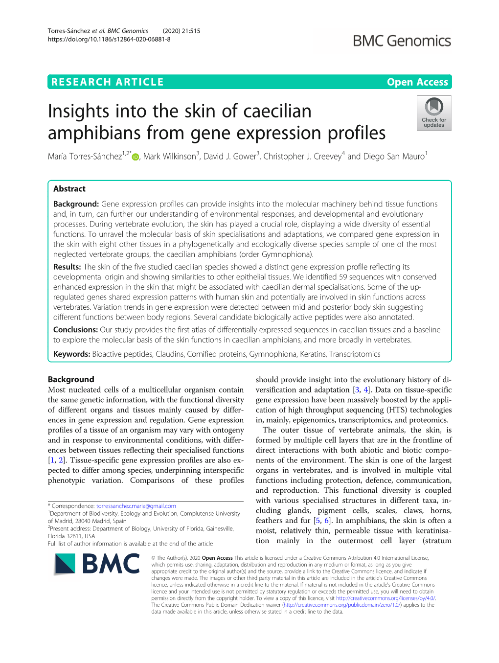 Insights Into the Skin of Caecilian Amphibians from Gene Expression Profiles María Torres-Sánchez1,2* , Mark Wilkinson3, David J