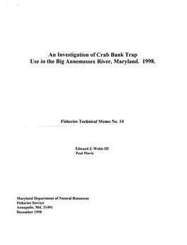 An Investigation of Crab Bank. Trap Use in the Big Annemessex River, Maryland