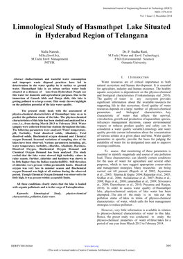 Limnological Study of Hasmathpet Lake Situated in Hyderabad Region of Telangana