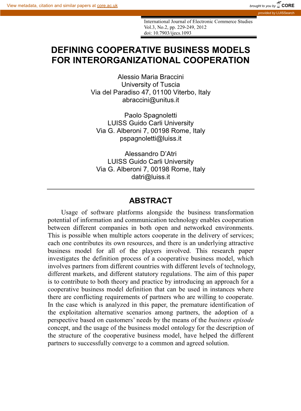 Defining Cooperative Business Models for Interorganizational Cooperation