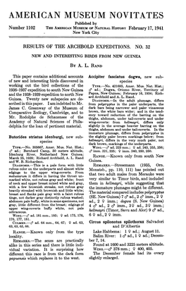 AMERICAN MUSEUM NOVITATES Published by Number 1102 the Aimcan MUSEUM of NATURAL HISTORY February 17, 1941 New York City