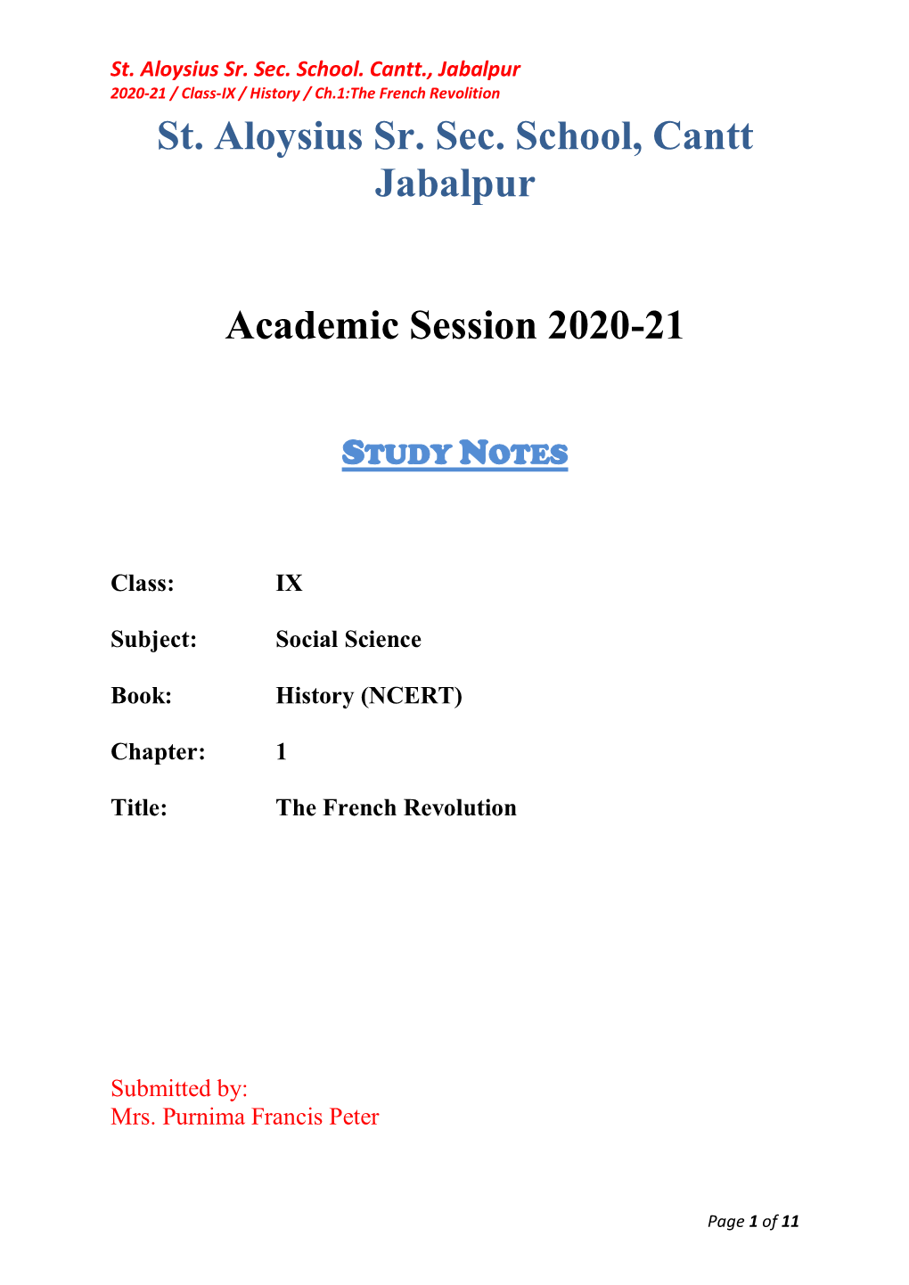 St. Aloysius Sr. Sec. School, Cantt Jabalpur Academic Session 2020-21