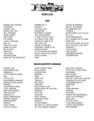 Song List Pop Beach/Buffett/Reggae