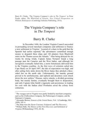 The Virginia Company's Role in the Tempest Barry R. Clarke