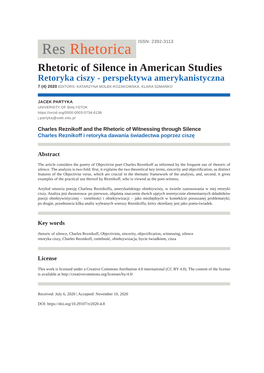 Rhetoric of Silence in American Studies Retoryka Ciszy - Perspektywa Amerykanistyczna 7 (4) 2020 EDITORS: KATARZYNA MOLEK-KOZAKOWSKA, KLARA SZMAŃKO
