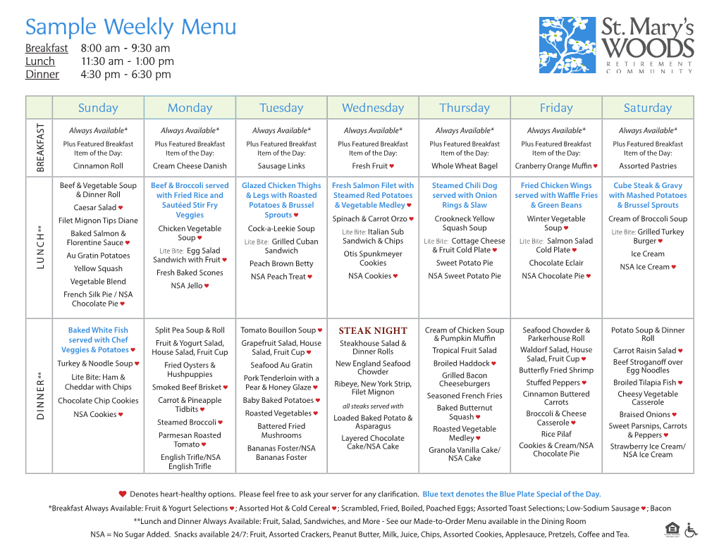 Sample Weekly Menu Breakfast 8:00 Am - 9:30 Am Lunch 11:30 Am - 1:00 Pm Dinner 4:30 Pm - 6:30 Pm