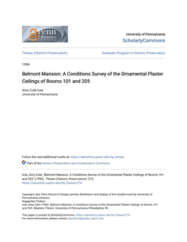 Belmont Mansion: a Conditions Survey of the Ornamental Plaster Ceilings of Rooms 101 and 205