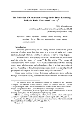 The Reflection of Communist Ideology in the Street Renaming Policy in Soviet Yerevan (1921-1939)1