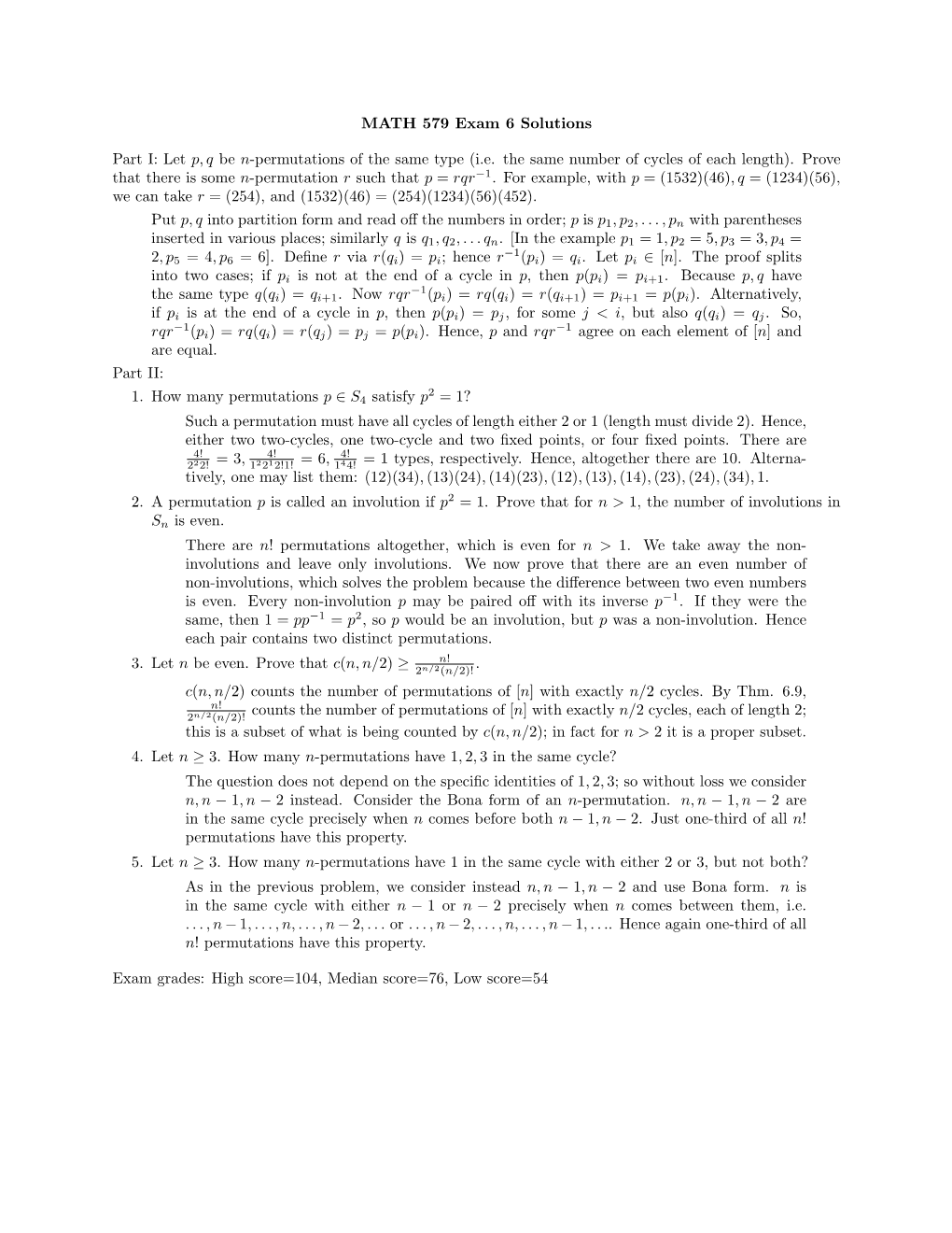 MATH 579 Exam 6 Solutions Part I: Let P, Q Be N-Permutations of The