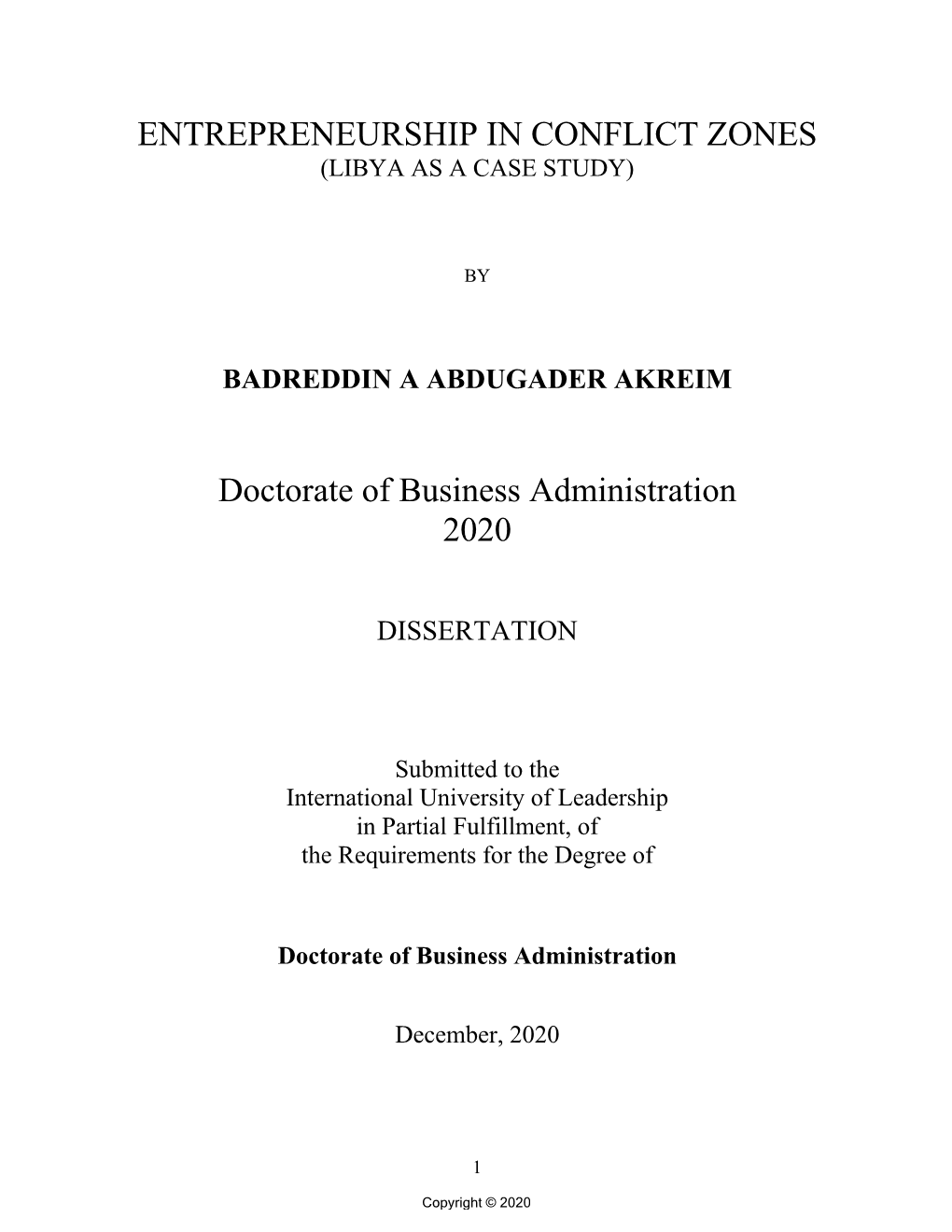 ENTREPRENEURSHIP in CONFLICT ZONES Doctorate of Business