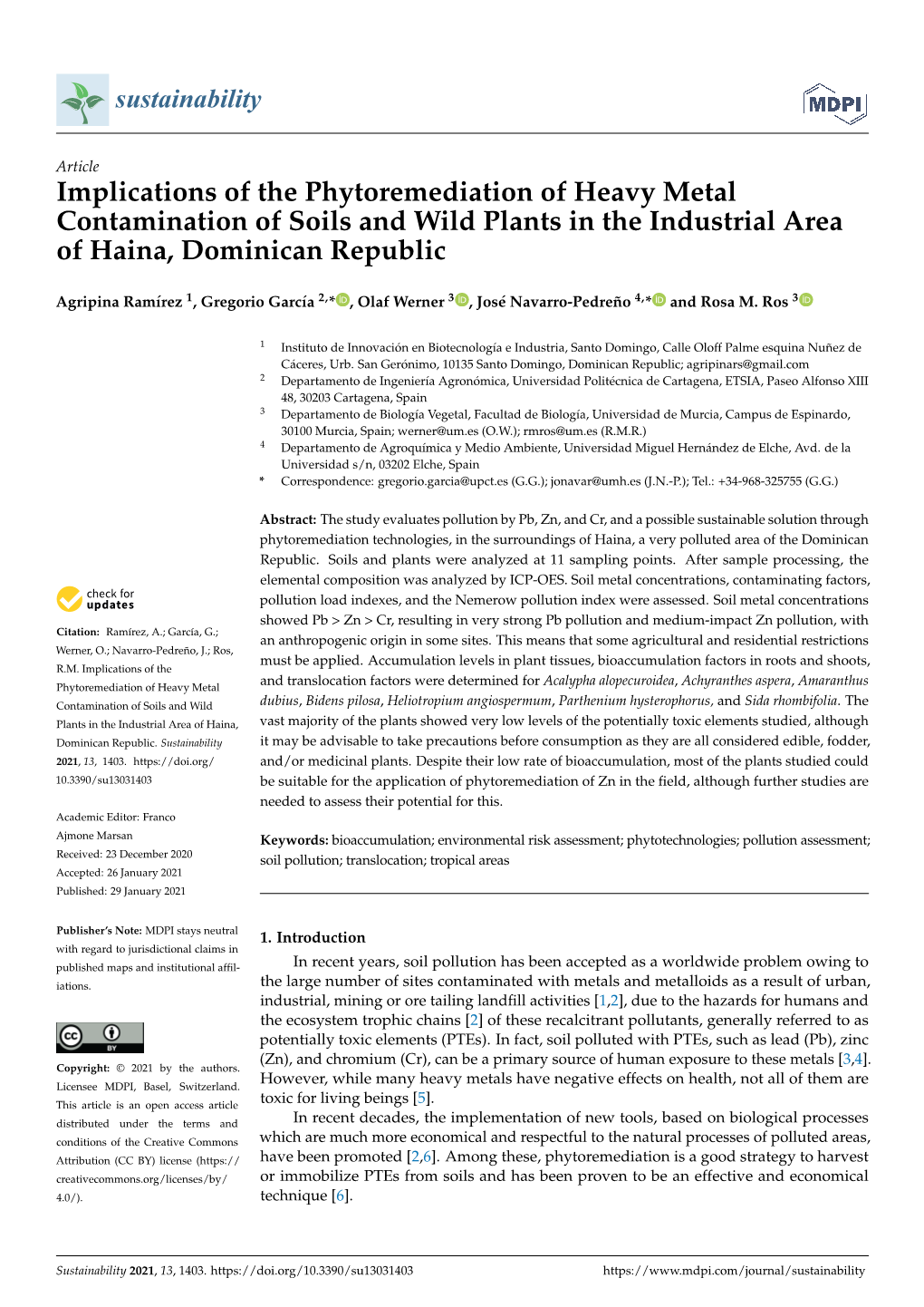 Implications of the Phytoremediation of Heavy Metal Contamination of Soils and Wild Plants in the Industrial Area of Haina, Dominican Republic