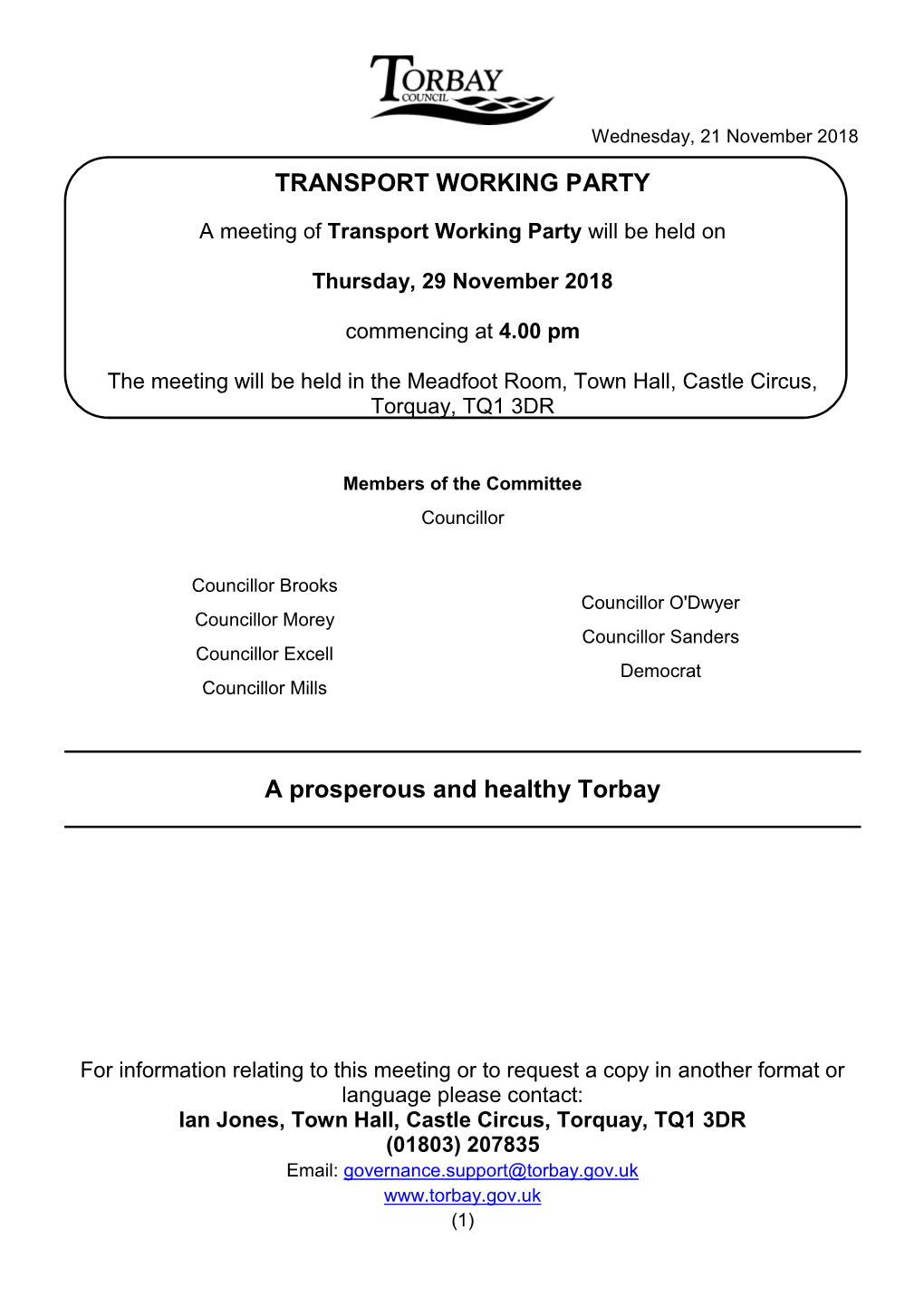 (Public Pack)Agenda Document for Transport Working Party, 29/11/2018 16:00