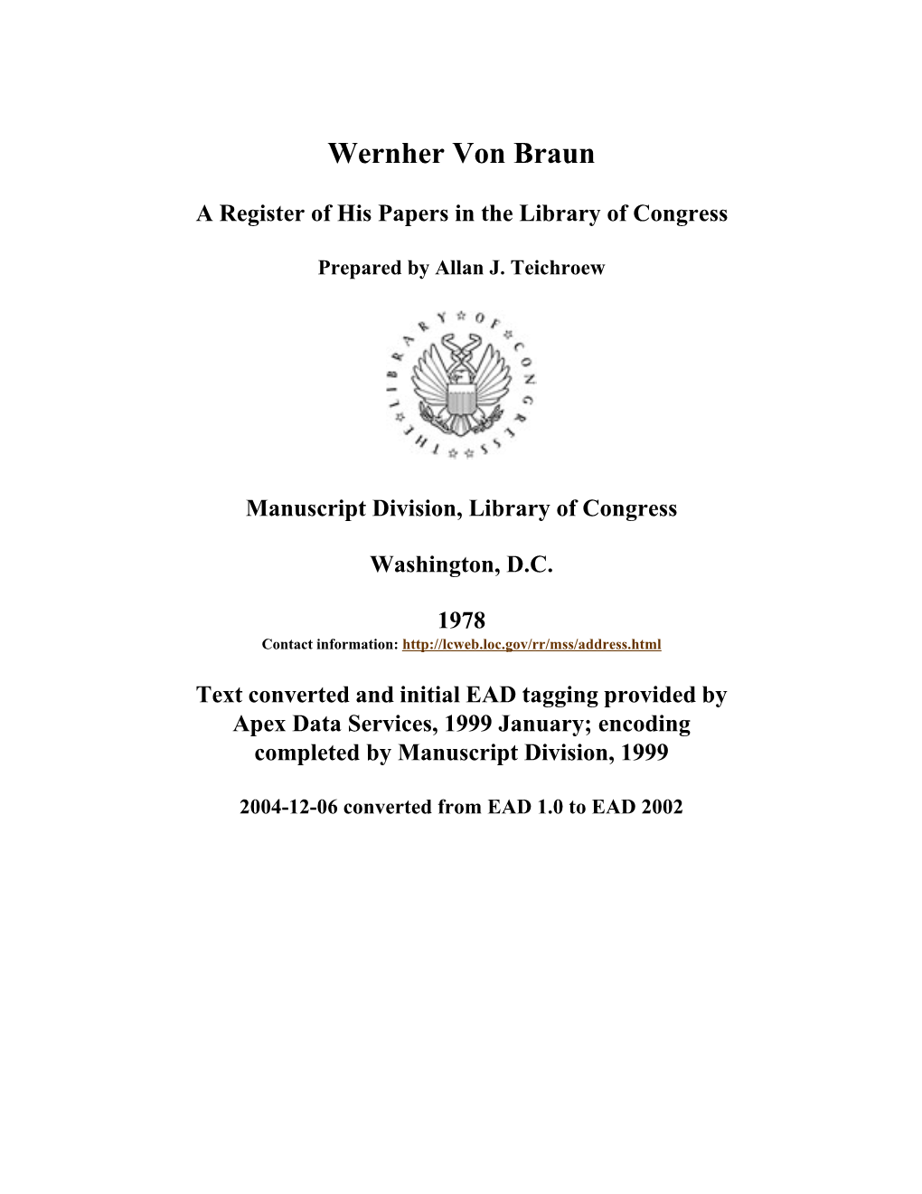 Papers of Wernher Von Braun