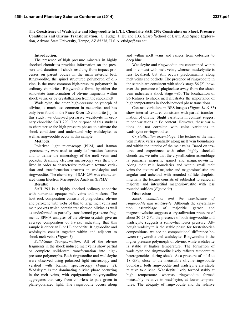 The Coexistence of Wadsleyite and Ringwoodite in L/LL Chondrite SAH 293: Constraints on Shock Pressure Conditions and Olivine Transformation