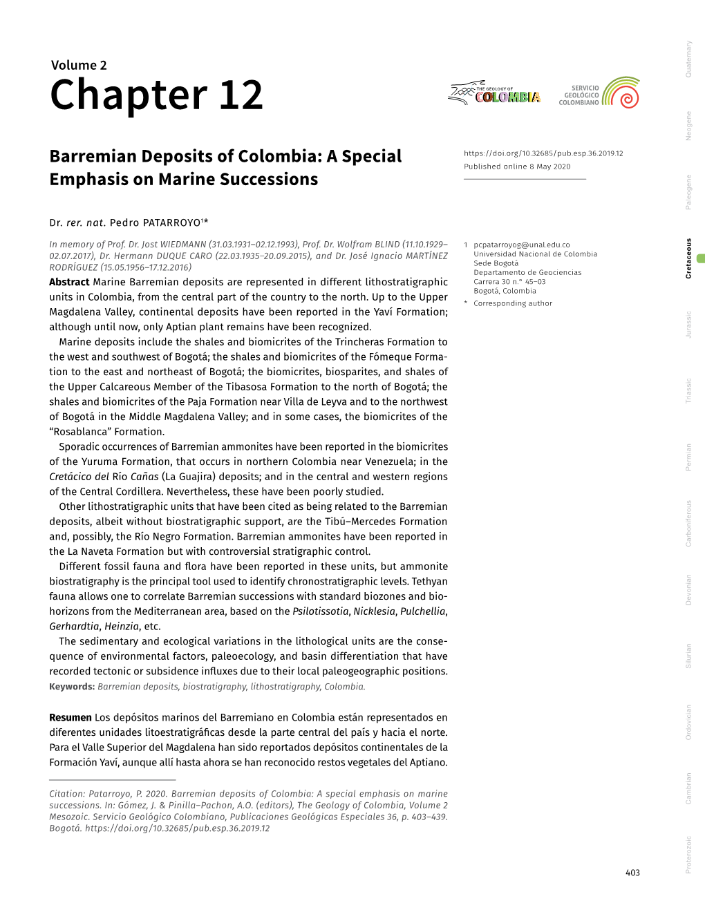 Barremian Deposits of Colombia: a Special Published Online 8 May 2020 Emphasis on Marine Successions Paleogene Dr