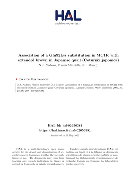 Association of a Glu92lys Substitution in MC1R with Extended Brown in Japanese Quail (Coturnix Japonica) N.J