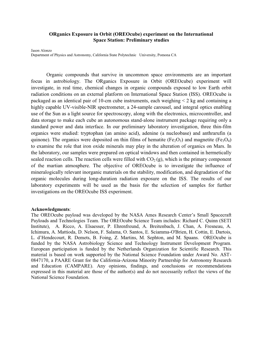 Organics Exposure in Orbit (Oreocube) Experiment on the International Space Station: Preliminary Studies