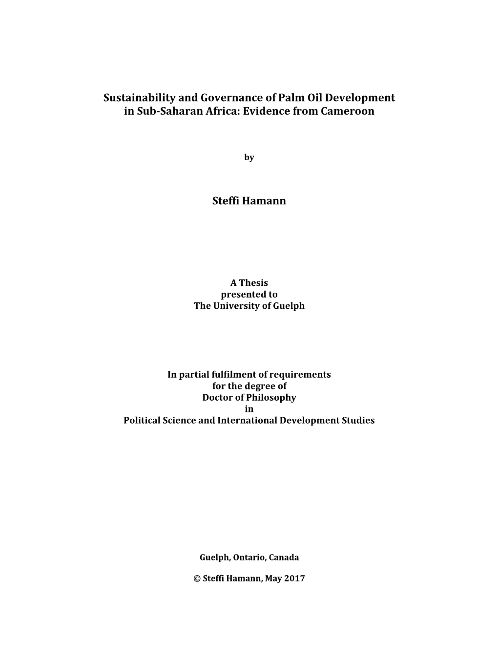 Sustainability and Governance of Palm Oil Development in Sub-Saharan Africa: Evidence from Cameroon