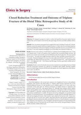 Closed Reduction Treatment and Outcome of Triplane Fracture of the Distal Tibia: Retrospective Study of 46 Cases