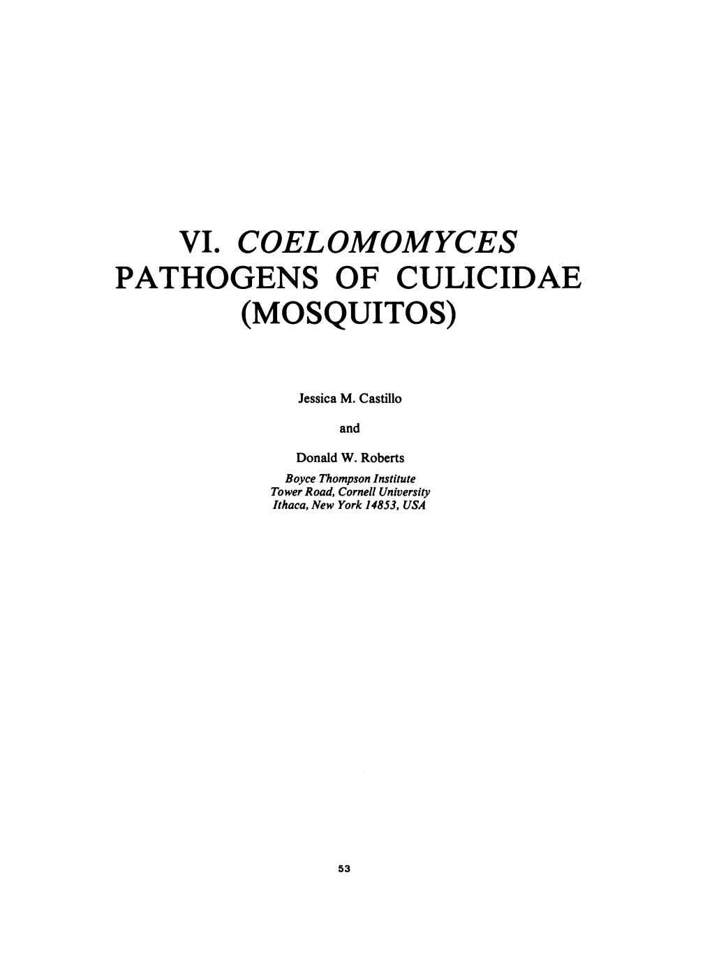 Vi'. Coelomomyces Pathogens of Culicidae