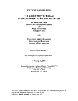 The Government of Sudan: Intergovernmental Policies and Issues