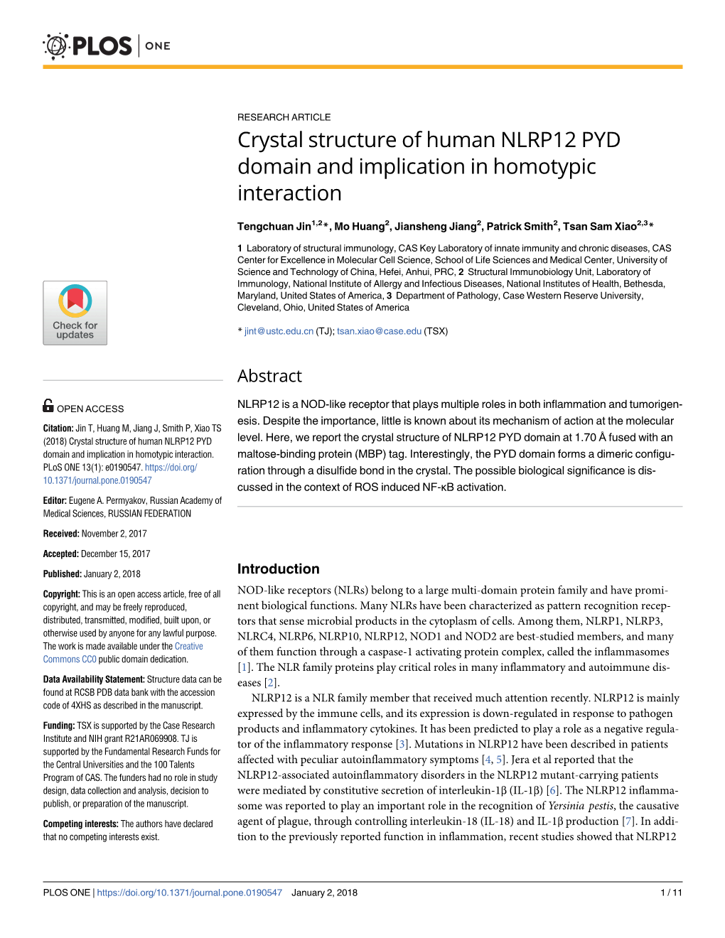 Crystal Structure of Human NLRP12 PYD Domain and Implication in Homotypic Interaction